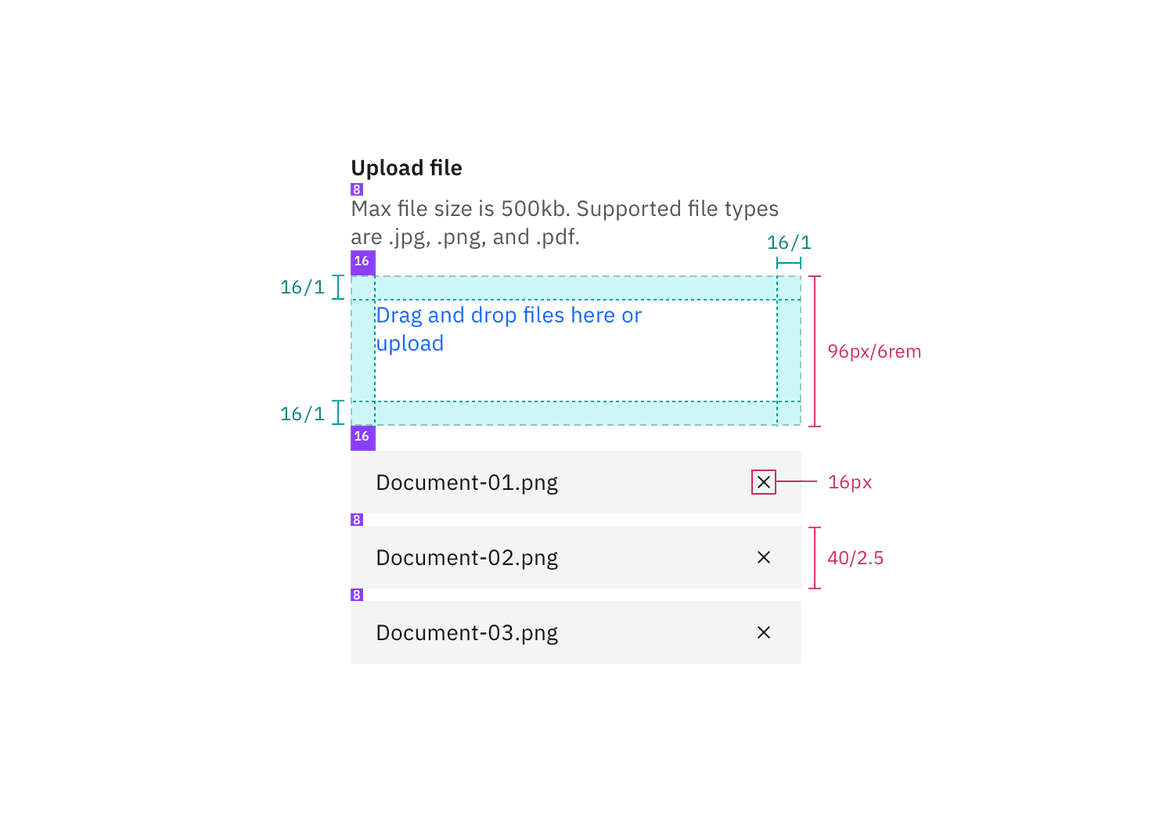 Structure and spacing measurements for drag and drop file uploader